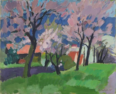 Heinz Friedrich, 1924 Schwetzingen - 2018, pfälzer Landschaft in der Mandelblüte, Öl/Lwd., signiert und dat. 05, 50 x 62 cm, Rahmen