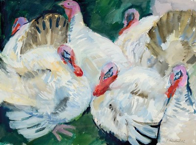 Heinz Friedrich, 1924 Schwetzingen -2018, Truthähne, großformatiges Aquarell/Papier, signiert, dat. 02, ca. 54 x 72 cm, Rahmen