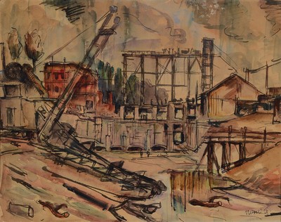 Albert Unseld, 1879-1964 Ulm, Industrielandschaft, Tusche und Aquarell, rechts unten signiert, ca. 38x48cm