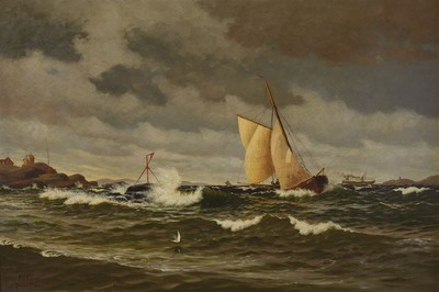 Johan Peter Eggers, 1855 Göteborg-1907, Studium an der Akademie Kopenhagen, Segelboote auf stürmischer See vor der Küste, links unten signiert und ...