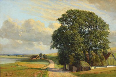 Karl Harald Alfred Broge, 1870-1950 Kopenhagen, Studium an der Akademie Kopenhagen, sommerliche Landschaft mit Bauernhof, gekonnte Beobachtung der ...