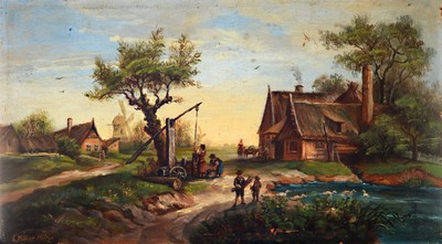 E. Müller-Hilz, deutsch, um 1900, Landschaft mit Bauernhäusern, Brunnen und Personen, Öl/Kupferplatte, links unten signiert, ca. 14x25cm