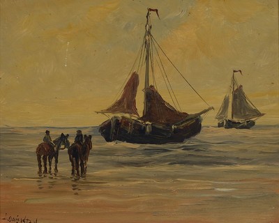 Louis van der Pol, 1915 Amsterdam-1986 Abcoude, Reiter und Fischerboote am Strand, Öl/Holz, links unten signiert, ca. 24x30cm, R. ca. 34x40cm