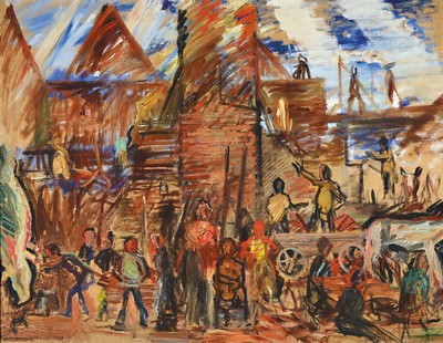 William Scharff, 1886-1959 Kopenhagen, Ausbildung an Kristian Zahrtmanns Kunstschule, der Bau von Bjerresjöholm, so verso auf altem Etikett bez., ...