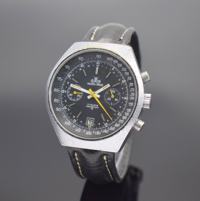 MEISTER-ANKER Herrenchronograph mit Kaliber Valjoux 7734, Schweiz um 1970, Handaufzug, verchr. Geh., Stahlboden geschr., schwarzes Zifferbl. m. ...