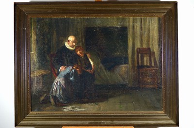 Hans Peter Lindeburg, 1854 Kopenhagen - 1932, Interieur, wohl Witwer am Sterbebett mit seinen zwei trauernden Kindern, rechts unten signiert, ...