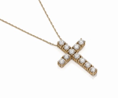 14 kt Gold Brillant-Kreuzanhänger, GG 585/000, 11 Brillanten zus. ca. 1.10 ct feinesWeiß-Weiß/lp-vs, an Kette, GG 375/000, total ca. 2.2 g, L. ...