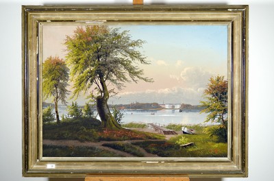 Nils Hans Christiansen, 1850-1922 dänisch, idyllische Seenlandschaft mit Blick auf ein dänisches Schloss, Dampfschiff und illustre Gesellschaft in ...