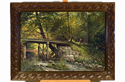 Ungedeuteter dänischer Künstler des frühen 20 .Jh., Waldinterieur mit Brücke, links unten unleserlich signiert Streith o.ä., Öl/Lwd, Rahmen ...