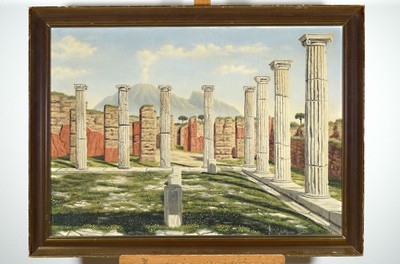 Gustav Würtzen, geb. 1905, dänischer Künstler des 20.Jh., Ansicht eines Tempelumgangs in Pompeji, im Hintergrund der rauchende Vesuv, rechts unten ...