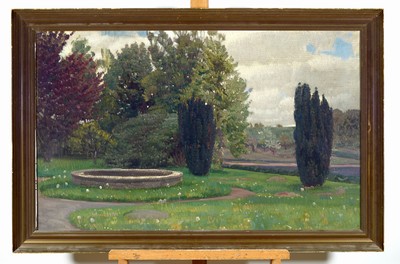 Knut Sinding, 1875-1946 dänisch, Parklandschaft mit Wasserbecken, verso auf Keilrahmen bez., Öl/Lwd, Rahmen, 68x105 cm
