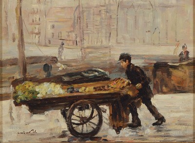 Louis van der Pol, 1915 Amsterdam-1986 Abcoude, Marktverkäufer mit seinem Stand in verschneiter Stadt, Öl/Holz, links unten signiert, ca. 30x40cm, ...
