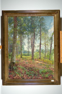 Peder Jacob Marius Knudsen, 1868-1944 dänisch , Waldinterieur, gekonnte Charakterisierung der Sonnenflecken auf dem Waldboden, recht unten signiert, ...