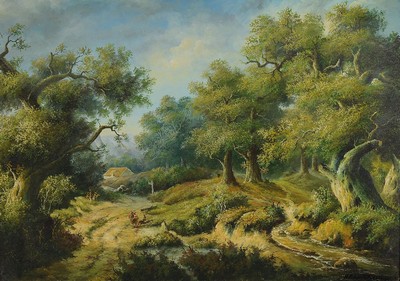 Hendrik Pieter Koekkoek, 1843 Hilversum-nach 1890 England, Waldlandschaft mit Personen und Hütte, Öl/Holz, rechts unten signiert, ca. 50x70cm, R. ...