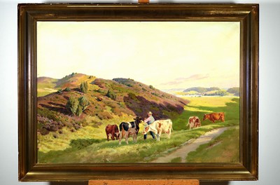 Georg Skodstrup, dänischer Künstler des frühen 20.Jh., hügelige Landschaft mit Hirte und Kuhherde, rechts unten signiert, Öl/Lwd, Rahmen, 80x110 ...