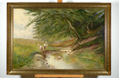 Olaf Simony Jensen, 1864-1923, dänischer Genremaler, zwei Knaben beim Angeln am Fluss, links unten signiert, Öl/Lwd, Rahmen, 76x110 cm