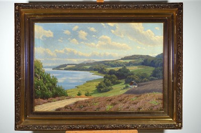 H. Thoring, dänischer Künstler um 1900, weite Landschaft mit Bauernhaus, rechts unten signiert, Öl/Lwd, Prunkrahmen, 90x120 cm