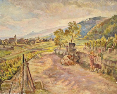 Gustav Rossi, 1898 Speyer-1976 Gimmeldingen, Landschaft bei Gimmeldingen, Öl/Lwd, rechts unten signiert und dat. 1947, ca. 75x95cm, R. ca.