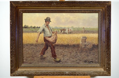 Ungedeuteter dänischer Künstler um 1900, Sähmann auf dem Felde, rechts unten signiert G. Pernitt(?), Öl/Lwd, l. besch., Rahmen, 70x90 cm