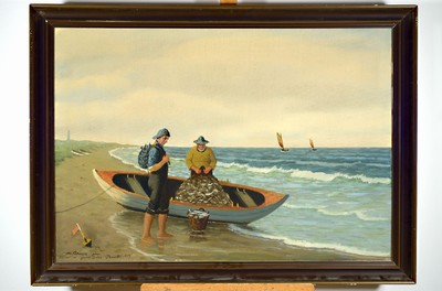 Albert Petersen, 1875-1957, Zwei Fischer beim Packen Ihres Fangs am Strand, links untenbez. "Alb. Petersen pinxit-Expresant au grand Salon Paris ...