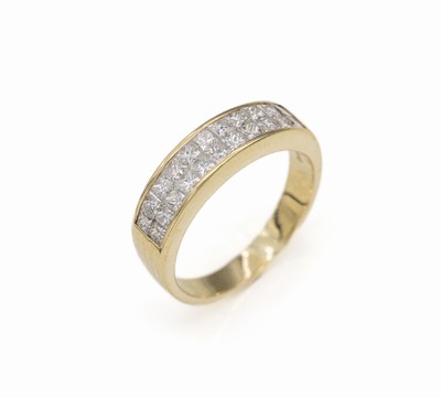 18 kt Gold Diamant-Ring, GG 750/000, 22 Diamanten im Princess-Cut zus. ca. 0.60 ct (grav.) feines Weiß/vs-si, RW 49, ca. 3.8 g