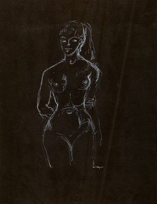 René Bolliger, 1911-1971, weiblicher Akt, weiße Gouache auf schwarzem Papier, signiert, ca. 49x37cm, u.Gl., R.