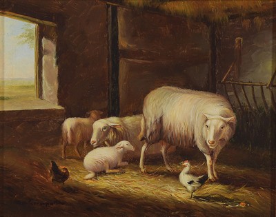 M. van Leemputten, belgischer Maler des 20. Jh., 2 Pendants mit Stallszenen, Öl/Holz, sign., je ca. 20x25cm, R. ca. 35x40cm