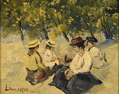 Louis van der Pol, 1915 Amsterdam-1986 Abcoude, Junge Frauen beim Picknick, Öl/Holz, signiert, ca. 24x30cm, R. ca. 38x 43cm