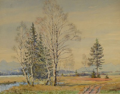 Max Märtens, 1887 Braunschweig-1970 Gstadt am Chiemsee, Bayrische Voralpenlandschaft, Aquarell auf Malkarton, rechts unten signiert, ca. 58x75cm, R. ...