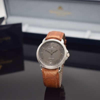 MAURICE LACROIX Herrenarmbanduhr, Automatik, Schweiz um 1998, beids. vergl. Edelstahlgeh., Tauschboden & Glasrand aufgedr., im Zentrum guill. ...