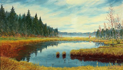 Karl Wähmann, 1897 Finkenstein-1981 Wasserburg, weite Moorlandschaft mit einsamer Kate, rechts unten signiert, Öl/Platte, Rahmen, 48x82cm/60x79cm