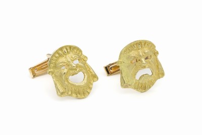Paar 14 kt Gold Manschettenknöpfe "Masken", GG 585/000, Darstellung zweier Masken, Komödieund Tragödie, ca. 10.3 g