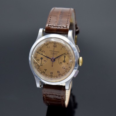 SCHWARZ Geneve Herrenarmbanduhr mit Chronograph, Schweiz um 1950, Handaufzug, verchr. Geh., Stahlboden aufgedr., gold. Zifferblatt m. arab. Zahlen, ...