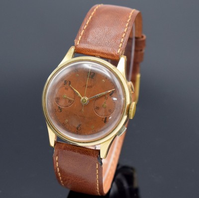 MULFI Herrenarmbanduhr mit Chronograph, Schweiz um 1950, Handaufzug, verg. Gehäuse, Stahlboden aufgedr., braunes Zifferbl. altersbed. fl./pat., ...