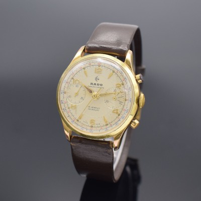 RADO Herrenarmbanduhr mit Chronograph, Schweiz um 1960, Handaufzug, verg. Gehäuse, Stahlboden & Glasrand aufgedr., silb. Zifferbl. m. aufges. gold. ...