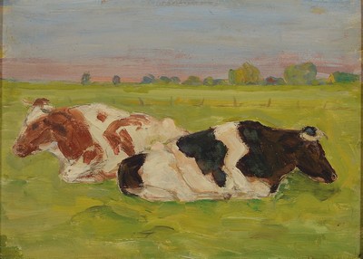 Rolf Diener, 1906 Gößnitz-1988 Hamburg, hier: Kühe auf der Weide, Öl/Platte, rechts unten signiert, ca. 24x33cm/32x41cm, Rahmen