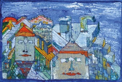 Franz Bellmann, geb. 1946 Haidl/Böhmen, zeitgenössischer Maler in Mannheim, hier: abstrakte Häuseransicht, unsigniert, rückseitig mit ...