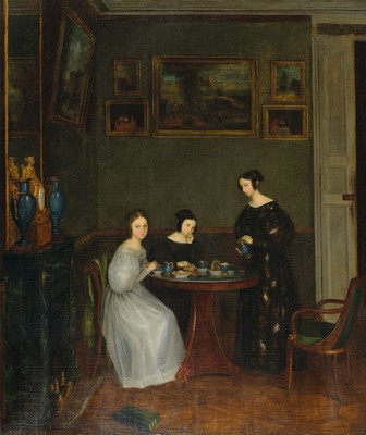 Monogrammist EM, datiert 1835, Interieur mit drei Damen beim Tee trinken, im Hintergrund Wand mit Ölgemälden, feines Inkarnat, hohe Stofflichkeit ...
