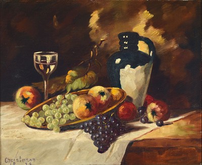 Toni Christmann, geb. 1899 Kusel, Obststillleben mit Glas und Kanne, Öl/Pappe, links unten signiert und datiert (19)31 ca. 40x50cm/54x64cm, Rahmen