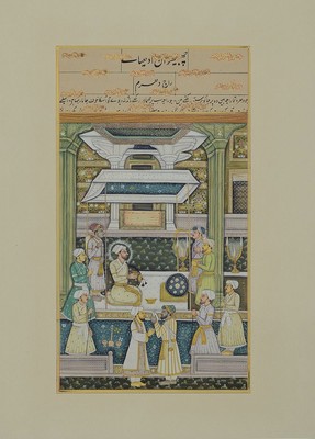 Zwei Buchmalereien, indo-persisch, um 1870-80, Gouache auf Papier, zwei Palastszenen, Passepartout, unter Glas gerahmt, jeweils ca. 28x16cm/40x50cm