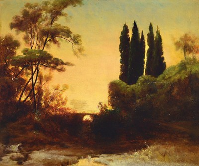 Unbekannter Künstler, um 1870, ideale romantische Flusslandschaft mit Brücke im Sonnenuntergang, Öl/Lwd, rechts unten unleserlich signiert, leicht ...