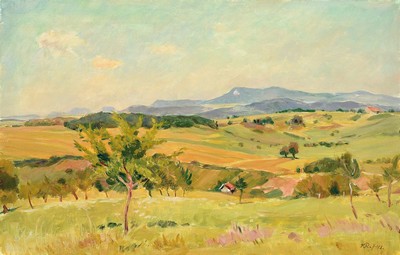 Konrad Ruff, 1895-1945, Hechninger Maler, Hohenzollern Kreis, hier: Alblandschaft mit Gehöft, Öl/Lwd, rechts unter signiert und datiert (19)43, ca. ...