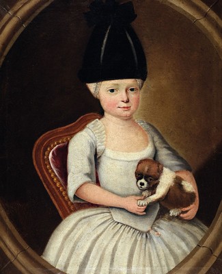 Unbekannter Künstler des 18. Jh., Mädchen mit markanter Haube und Hundewelpe, Darstellung in illusionistischen Rahmen gesetzt, Öl/Lwd, unsigniert, ...