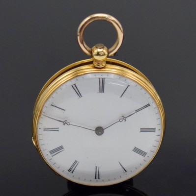 Offene Zylindertaschenuhr in GG 750/000, Schweiz um 1860, Schlüsselaufzug, sym. guill. Boden m. Schmuckmonogramm B im zentralen Monogrammspiegel ...