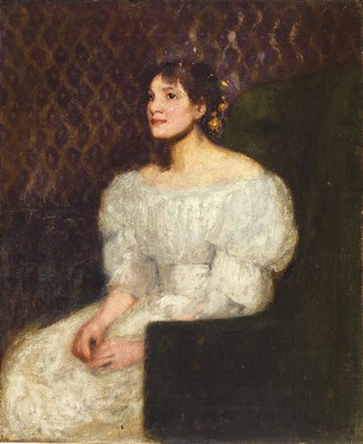 Ernest George Beach, 1865 London - 1934, Porträt einer junger Frau in weissem Festgewand, grüner Sessel und rautenförmig staffierte Tapete, gute ...