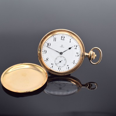 OMEGA Savonette in RG 585/000, Schweiz um 1915, 3-Deckel Goldgeh., Sprungdeckel lose (abgebr.), Emailzifferbl. m. arab. Zahlen, gebl. Birnenzeiger, ...