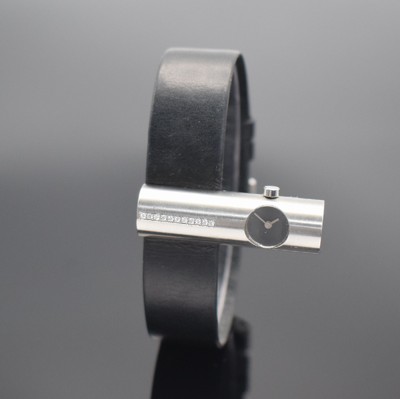 MILUS Tribu ausgefallene Damenarmbanduhr designed von Paul Junod, Schweiz um 1995, quarz, mit Brillanten bes. Edelstahlgeh. inkl. orig. Lederband, ...
