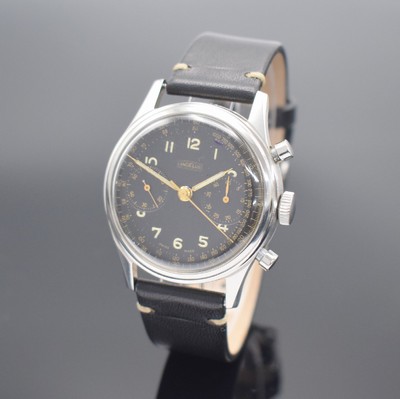 ANGELUS Herrenchronograph mit Schaltrad in Stahl, Schweiz um 1945, Handaufzug, Boden aufgedr., schwarzes Zifferbl. rest., arab. Leuchtzahlen, ...
