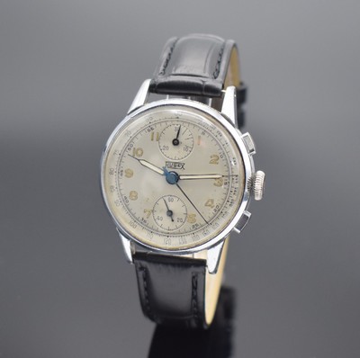 HUGEX Herrenchronograph mit Schaltrad, Schweiz um 1950, Handaufzug, verchr. Geh., Stahlboden aufgedr., silb. Zifferbl. fl., arab. Leuchtzahlen, gebl. ...