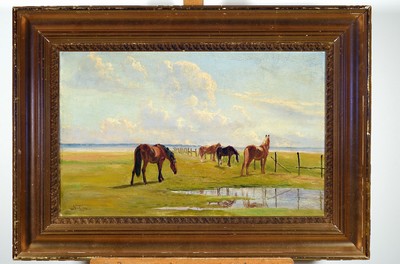 Niels Peter Christiansen, 1873-1960, Studium an der Akademie Kopenhagen, weite dänische Landschaft mit 4 Pferden, hintergründig ziehende ...